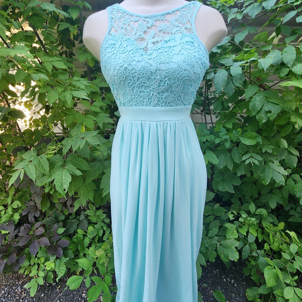 Aqua Blue Lace Top Maxi Dress Sleeveless Open Back Party Prom Cocktail‎